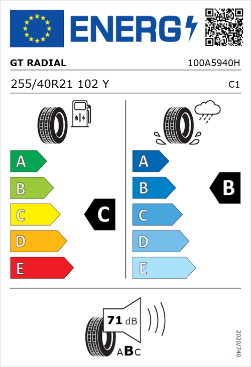 Tyre Label for GT Radial TouringActive 255/40R21 102Y